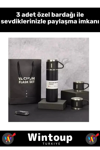 Özel Üretim 3 Bardaklı Uzun süre sıcak soğuk tutan Siyah Paslanmaz Çelik 500 ML Termos Seti - 2