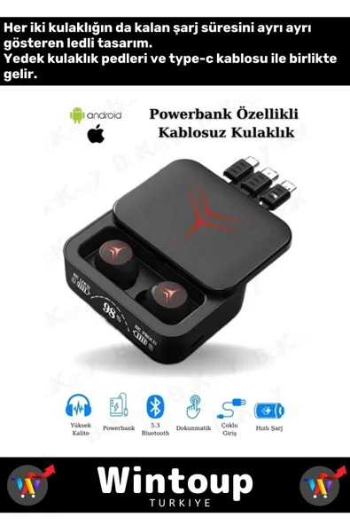 Powerbankli Dokunmatik Kontrol Led Göstergeli Premium Model M88 Kulaklık - 2