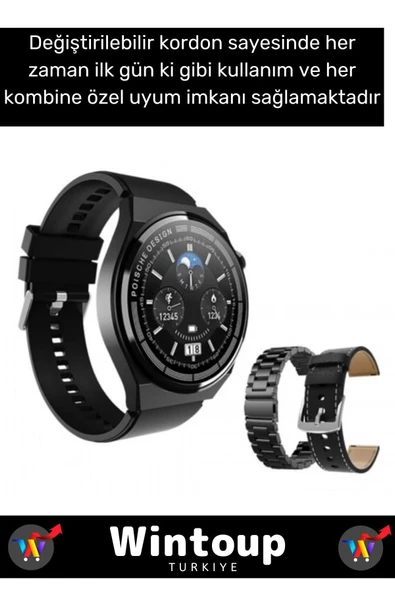 3GT MAX Smart Watch 1.45 inç P Design Siri Nfc Bluetooth Gümüş Gri Akıllı Saat 3x Kordon - Resim 3