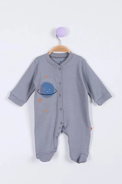 Sevimli Gezegen Desenli Çıtçıtlı %100 Pamuklu Yumuşak Uzun Kollu Kışlık Erkek Bebek Tulum 0-3-6-9 Ay - 3