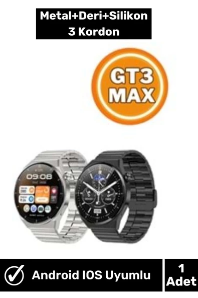 3GT MAX Smart Watch 1.45 inç P Design Siri Nfc Bluetooth Antrasit Siyah Akıllı Saat 3x Kordon