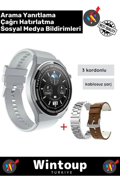 IOS Android Siyah Gümüş 3 Kordonlu Akıllı Saat Smartwatch ürün görseli