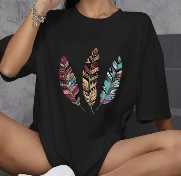 Unisex Bisiklet Yaka Baskılı Oversize T-Shirt - Siyah