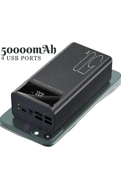 Taşınabilir Powerbank 50.000 mAh 4 Girişli Hızlı Şarj Led Göstergeli Fenerli Şarj Güç Bankası