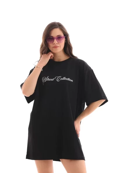 Unisex Bisiklet Yaka Baskılı Oversize T-Shirt - Siyah