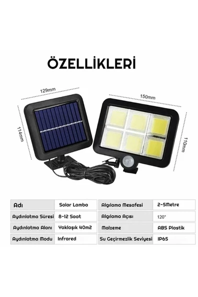 3 Modlu 120 Cob Led Kumandalı Solar Panel Güneş Enerjili Duvar Lambası Bahçe Lambası - Resim 4