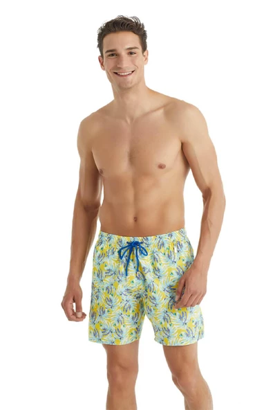 Blackspade 10419 Erkek Sarı Tropikal Baskılı Şort Mayo