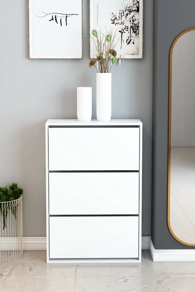 3 Bölmeli Beyaz Ahşap Düşer Kapaklı Ayakkabılık /18 Çift Ayakkabı Kapasiteli / Ergonomik Tasarım - 2