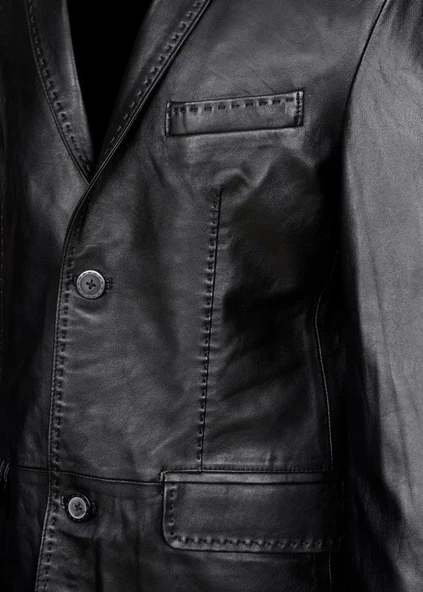 Punto Dikişli Siyah Renk Deri Ceket - 8