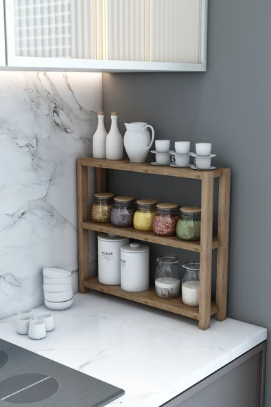 Simge Atlantik Çam Çok Amaçlı 3 Katlı Ahşap Mutfak Rafı, Organizer, Banyo Rafı, Dekoratif Raf / Demonte - 2