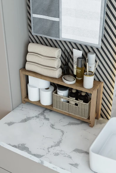 Beril Atlantik Çam Çok Amaçlı 2 Katlı Ahşap Yan Sehpa / Mutfak Rafı, Banyo Rafı, Organizer, Dekoratif Raf - 4