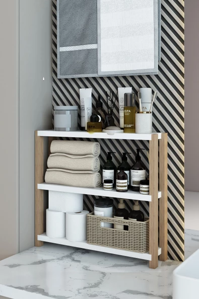Simge Beyaz Çok Amaçlı 3 Katlı Ahşap Yan Sehpa / Mutfak Rafı, Banyo Rafı, Organizer, Dekoratif Raf - 4