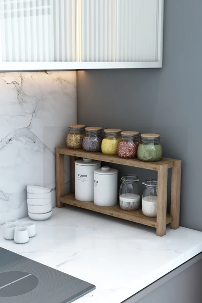 Beril Atlantik Çam 2 Katlı Ahşap Mutfak Rafı, Baharatlık / Banyo Rafı, Organizer, Dekoratif Raf - 2