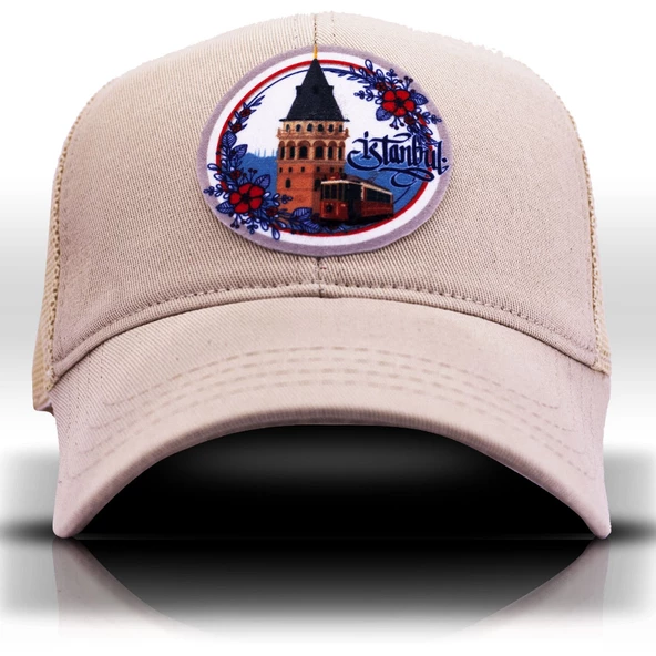 Galata Kulesi, Nostalji Tramvayı, Çiçek Desenli Fileli Krem Beyzbol Şapka Trucker Cap