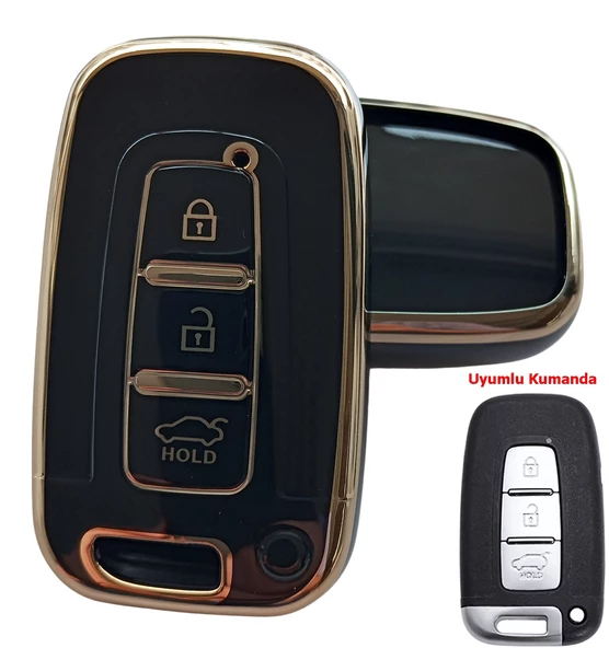Hyundai Ix35 Santa Fe Sonata Elantra Uyumlu Smart Kumanda Kılıfı Oto Anahtarlık Siyah Gold ürün görseli 1