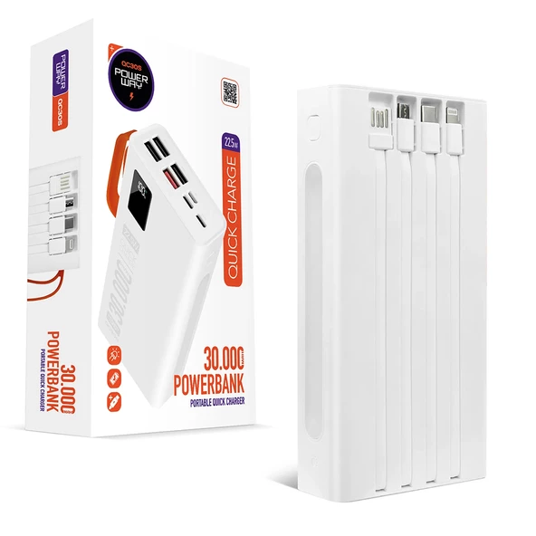 Powerway QC30S Dijital Göstergeli Powerbank 30000 Mah Kendinden Kablolu Orjinal Power Bank Güç İstasyonu