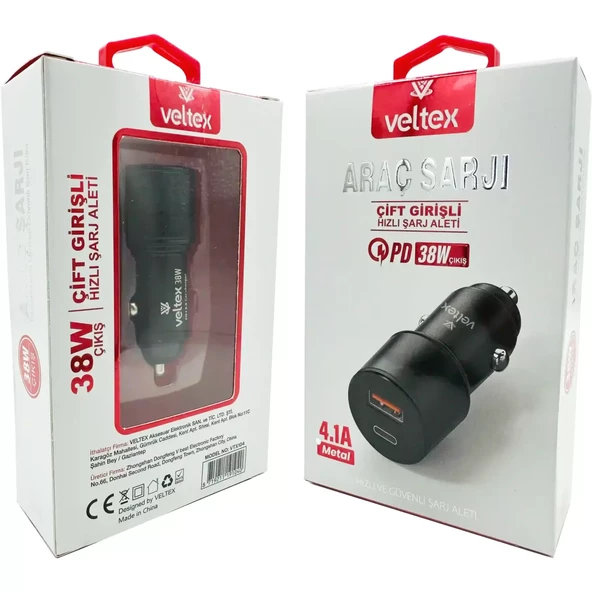 41A 38W PD + QC30 USB Hızlı Araç Şarj Metal Başlığı Veltex VTX104