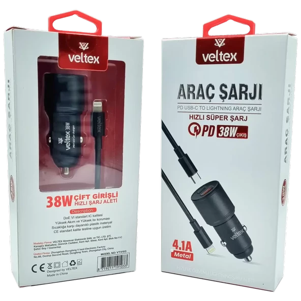 41A 38W PD To Lightning Metal Araç Şarj Aleti Veltex VTX103