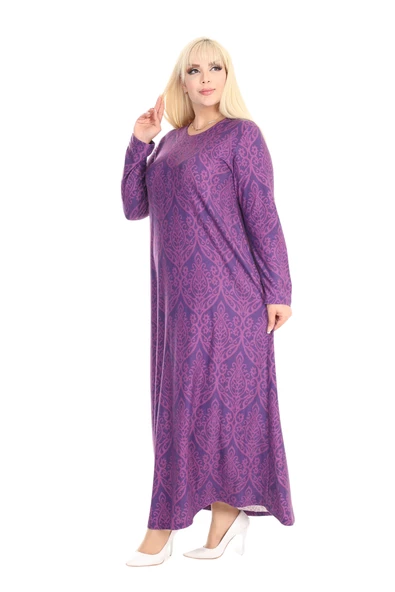 Melsay Butik Yumoş Kumaş Mor Dantel Desen Uzun Kollu Kadın Tesettür Elbise - 4