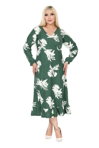 Melsay Butik Kışlık Yumoş Kumaş Kruvaze Yaka Yeşil Beyaz Yaprak Desen Eteği Fırfırlı Midi Elbise ürün görseli