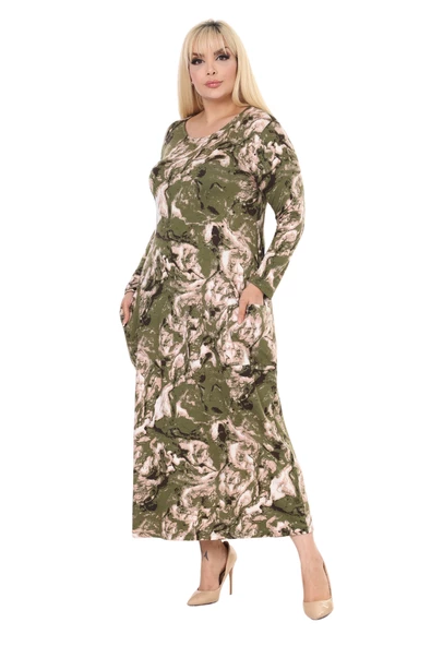 Melsay Butik Yeşil Batik Uzun Kollu Cepli Uzun Elbise - 2