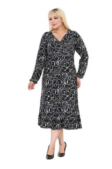 Melsay Butik Yumoş Kumaş Kruvaze Yaka Siyah Çiçek Desen Eteği Fırfırlı Midi Elbise - Resim 2