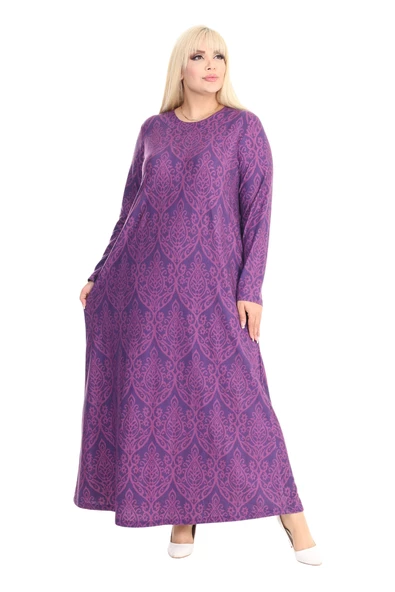 Melsay Butik Yumoş Kumaş Mor Dantel Desen Uzun Kollu Kadın Tesettür Elbise - 3