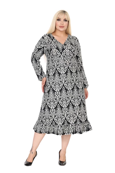 Melsay Butik Yumoş Kumaş Kruvaze Yaka Beyaz Dantel Desen Eteği Fırfırlı Midi Elbise - Resim 2