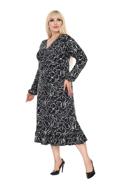 Melsay Butik Yumoş Kumaş Kruvaze Yaka Siyah Çiçek Desen Eteği Fırfırlı Midi Elbise - Resim 3