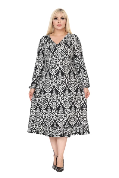 Melsay Butik Yumoş Kumaş Kruvaze Yaka Beyaz Dantel Desen Eteği Fırfırlı Midi Elbise ürün görseli