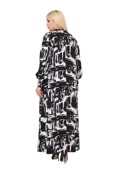 Melsay Butik Fularlı Beyaz Fırça Desen Uzun Kollu Büyük Beden Kadın Elbise - Resim 5