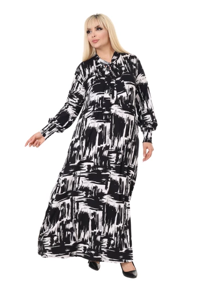 Melsay Butik Fularlı Beyaz Fırça Desen Uzun Kollu Büyük Beden Kadın Elbise ürün görseli