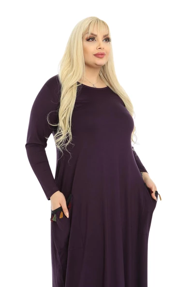 Melsay Butik Püsküllü Cepli Kadın Uzun Kollu Mor Tesettür Elbise - 5