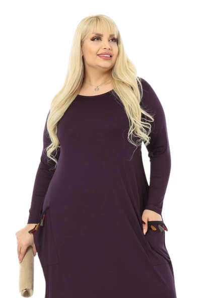 Melsay Butik Püsküllü Cepli Kadın Uzun Kollu Mor Tesettür Elbise - 3