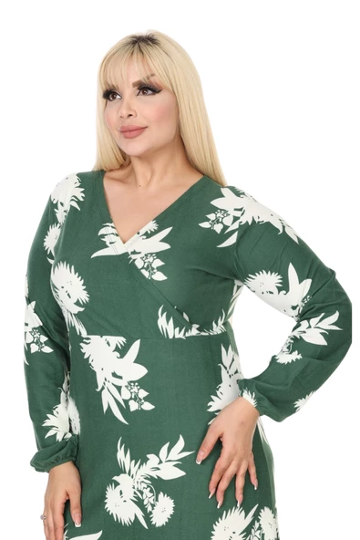 Melsay Butik Kışlık Yumoş Kumaş Kruvaze Yaka Yeşil Beyaz Yaprak Desen Eteği Fırfırlı Midi Elbise - Resim 5