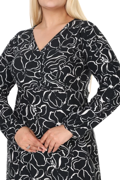 Melsay Butik Yumoş Kumaş Kruvaze Yaka Siyah Çiçek Desen Eteği Fırfırlı Midi Elbise - Resim 5