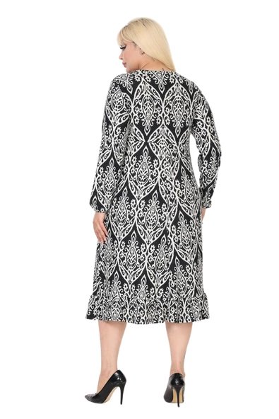 Melsay Butik Yumoş Kumaş Kruvaze Yaka Beyaz Dantel Desen Eteği Fırfırlı Midi Elbise - Resim 6