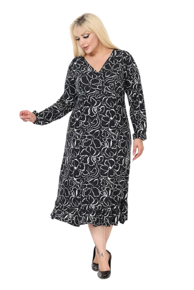 Melsay Butik Yumoş Kumaş Kruvaze Yaka Siyah Çiçek Desen Eteği Fırfırlı Midi Elbise - Resim 4