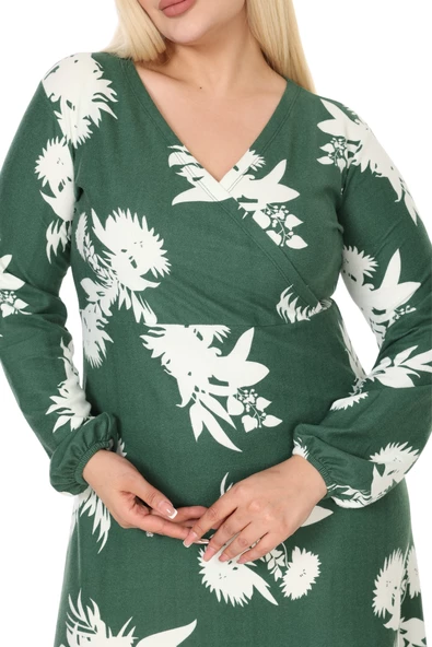 Melsay Butik Kışlık Yumoş Kumaş Kruvaze Yaka Yeşil Beyaz Yaprak Desen Eteği Fırfırlı Midi Elbise - Resim 6