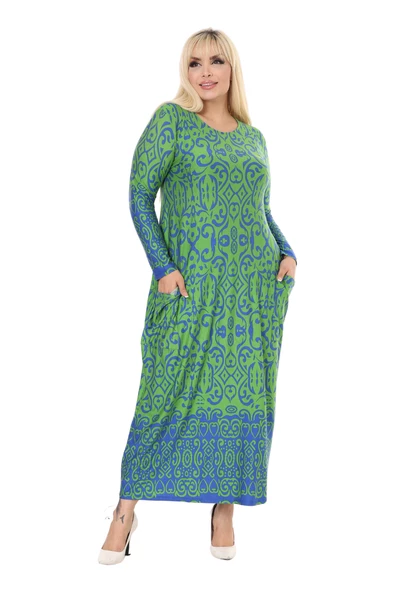 Melsay Butik Yeşil Mavi Kilim Desen Uzun Kollu Cepli Uzun Elbise - 2