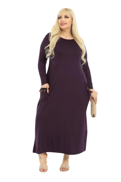 Melsay Butik Püsküllü Cepli Kadın Uzun Kollu Mor Tesettür Elbise - 2