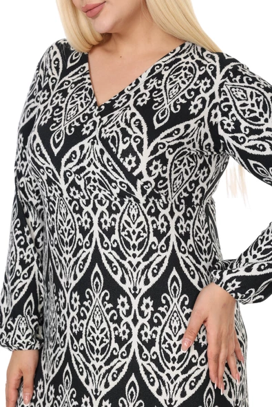 Melsay Butik Yumoş Kumaş Kruvaze Yaka Beyaz Dantel Desen Eteği Fırfırlı Midi Elbise - Resim 5