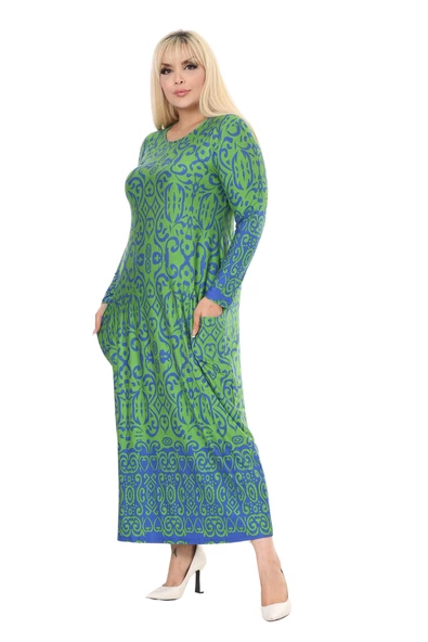 Melsay Butik Yeşil Mavi Kilim Desen Uzun Kollu Cepli Uzun Elbise - 4