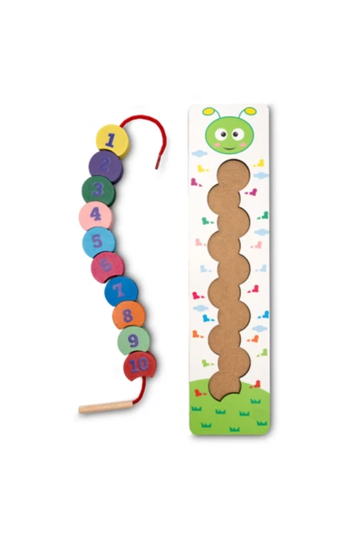 Montessori Ahşap Tırtıl İpe Dizme Oyunu / Renkli Sayılarla Eğitici ve Öğretici Oyuncak - 3