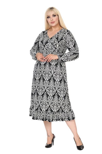 Melsay Butik Yumoş Kumaş Kruvaze Yaka Beyaz Dantel Desen Eteği Fırfırlı Midi Elbise - Resim 4