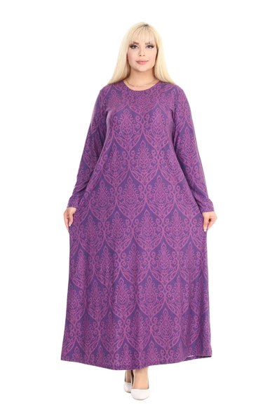 Melsay Butik Yumoş Kumaş Mor Dantel Desen Uzun Kollu Kadın Tesettür Elbise - 2