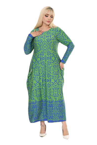 Melsay Butik Yeşil Mavi Kilim Desen Uzun Kollu Cepli Uzun Elbise - 3