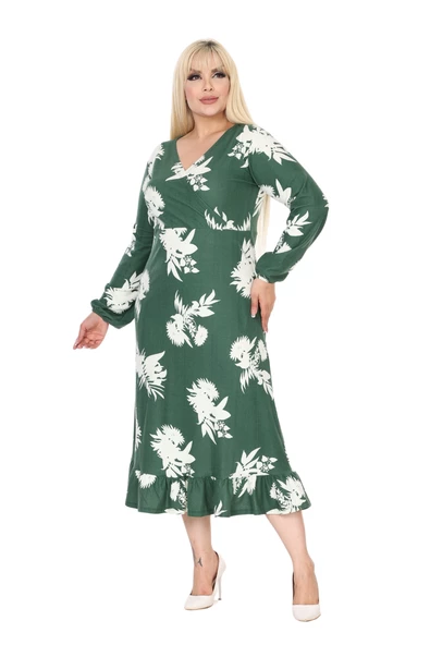 Melsay Butik Kışlık Yumoş Kumaş Kruvaze Yaka Yeşil Beyaz Yaprak Desen Eteği Fırfırlı Midi Elbise - Resim 2