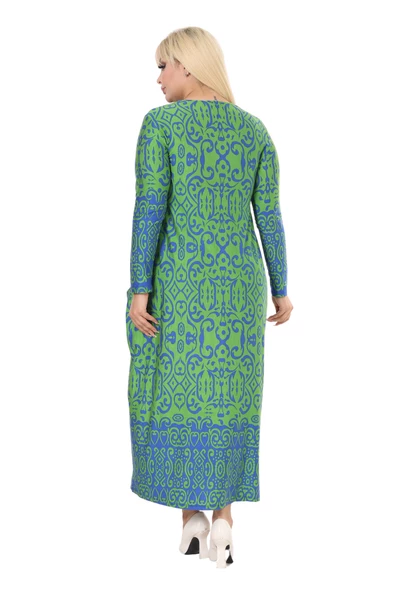 Melsay Butik Yeşil Mavi Kilim Desen Uzun Kollu Cepli Uzun Elbise - 6