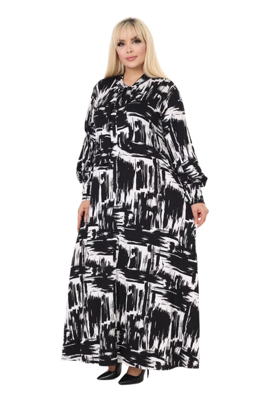 Melsay Butik Fularlı Beyaz Fırça Desen Uzun Kollu Büyük Beden Kadın Elbise - Resim 4